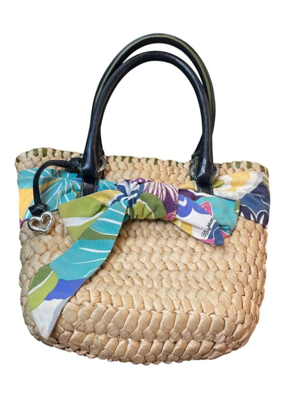 Brighton wms woven straw floral scarf leather handles summer handbag SKU 10-402